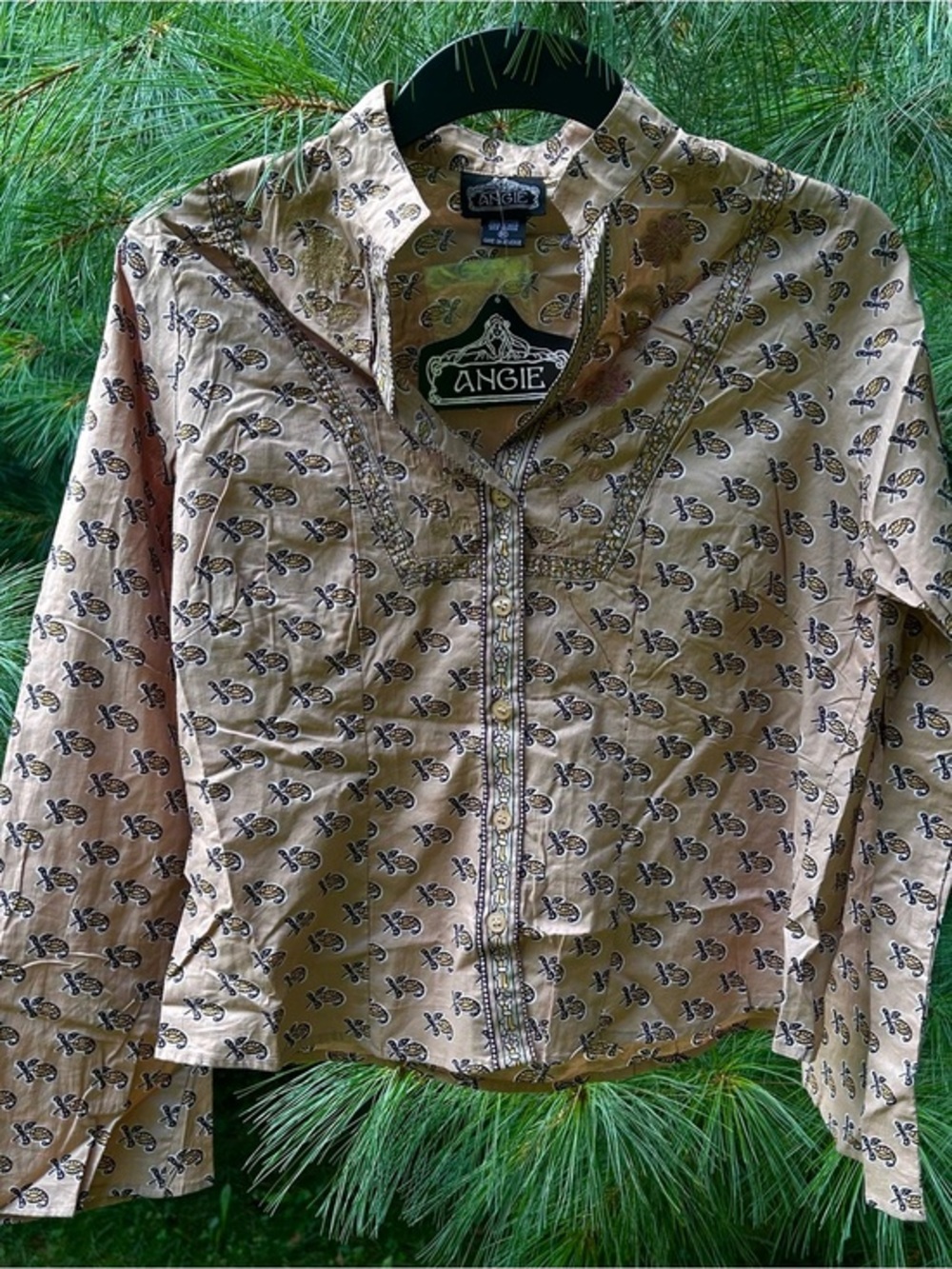 Y2K Deadstock Angie Boho Paisley Embroidered Sequined Bell Sleeve Blouse